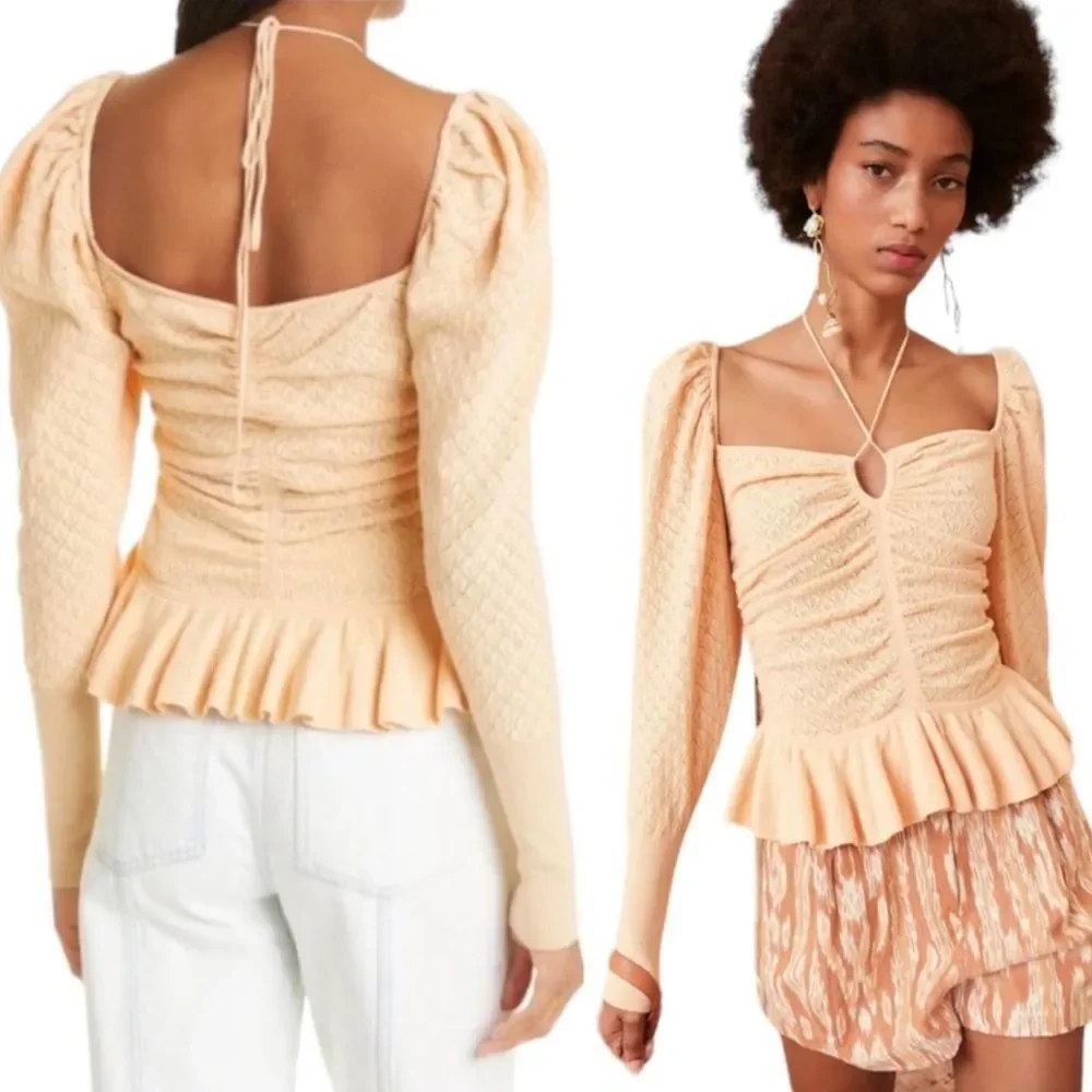 NWT Ulla Johnson | Leland Puff Sleeve Peplum‎ Halter Top Honey Peach Size L Knit